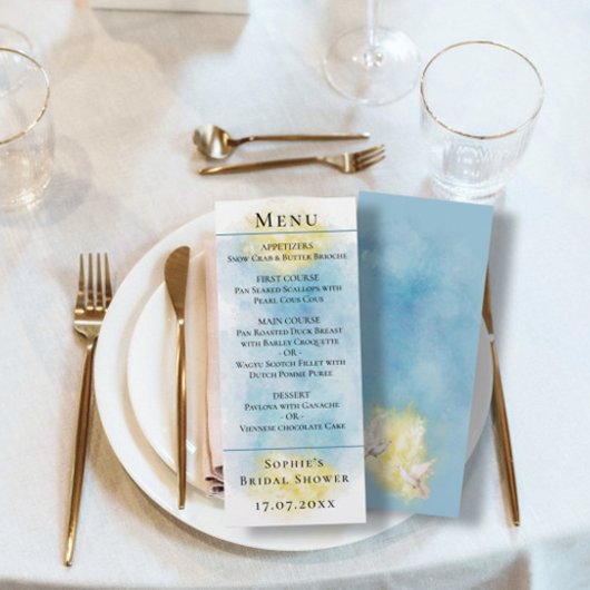 Elegant Blauw & Goud Huwelijk witte Duiven Menu Ka