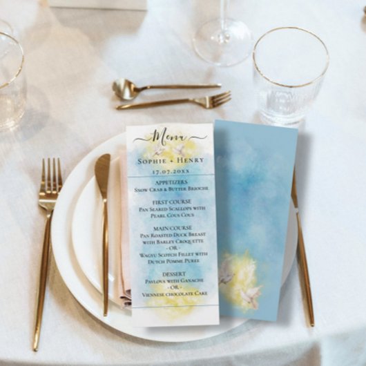 Elegant Blauw & Goud Huwelijk witte Duiven Menu Ka