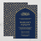Elegant Blauw Goud Islamitische Mihrab Aqiqah Kaart (Voorkant / Achterkant)