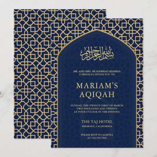 Elegant Blauw Goud Islamitische Mihrab Aqiqah Kaart (Voorkant / Achterkant)