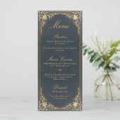 Elegant Blauw Goud Kalligrafie Bruiloft Menu (Staand voorkant)