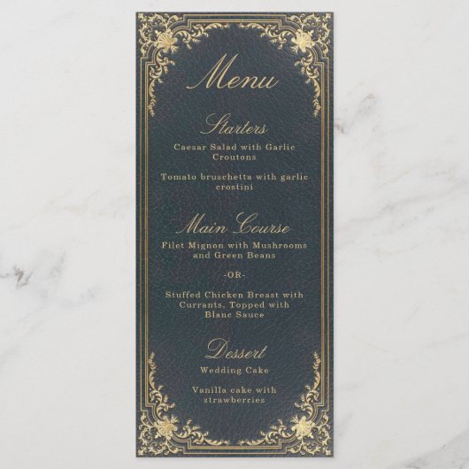 Elegant Blauw Goud Kalligrafie Bruiloft Menu (Voorkant)