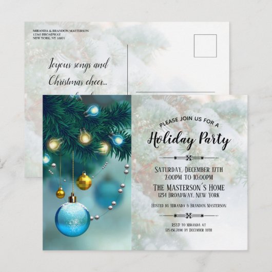 Elegant Blauw Goud Kerstballen Vakantiefeest Uitnodiging Briefkaart (Voorkant / Achterkant)