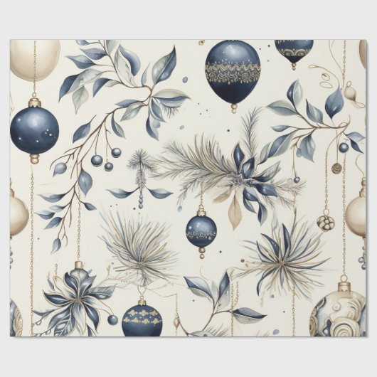 Elegant Blauw & Goud Kerstpapier Cadeaupapier (Vlak)