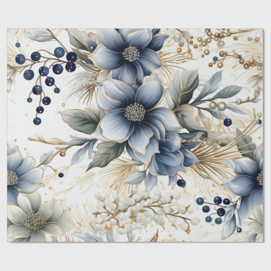 Elegant Blauw & Goud Kerstpapier Cadeaupapier (Vlak)