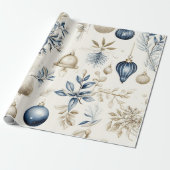 Elegant Blauw & Goud Kerstpapier Cadeaupapier (Uitgerold)
