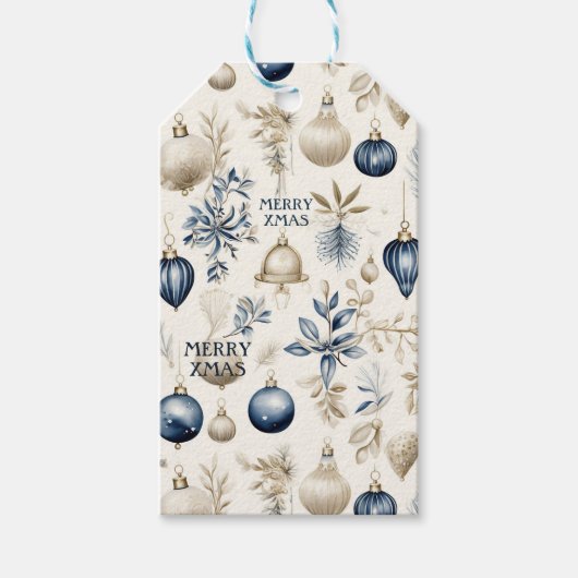 Elegant Blauw & Goud Kerstversiering Patroon Cadeaulabel (Voorkant)