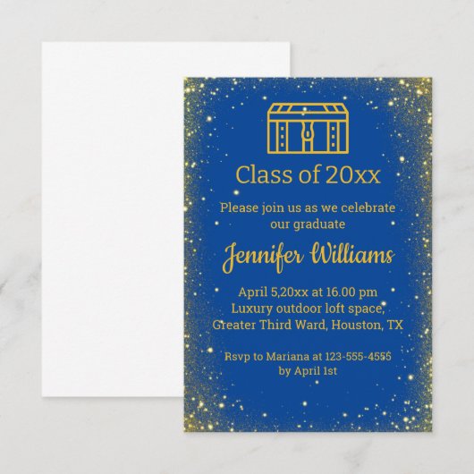 Elegant blauw goud kofferbak glitters afstuderen kaart (Voorkant / Achterkant)