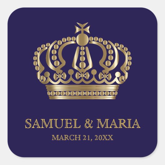 Elegant Blauw Goud Kroon Bruiloft Favor Vierkante Sticker (Voorkant)