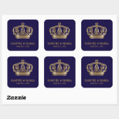 Elegant Blauw Goud Kroon Bruiloft Favor Vierkante Sticker (Vel)