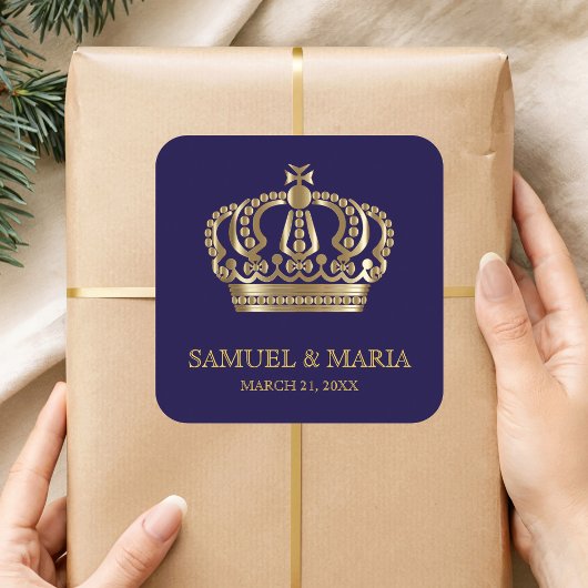 Elegant Blauw Goud Kroon Bruiloft Favor Vierkante Sticker