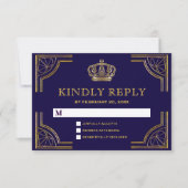 Elegant Blauw Goud  Kroon RSVP Kaartje (Voorkant)