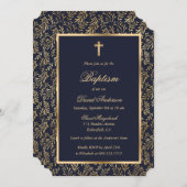 Elegant Blauw Goud Kruis Groen Jongen Doop Kaart (Voorkant / Achterkant)