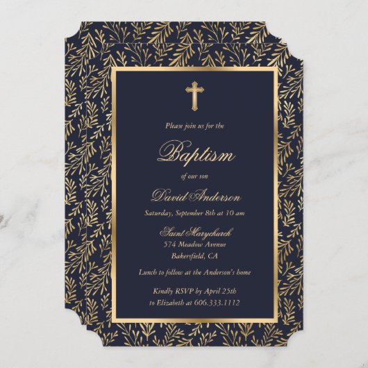 Elegant Blauw Goud Kruis Groen Jongen Doop Kaart (Voorkant / Achterkant)