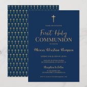 Elegant Blauw Goud Kruis Jongen Eerste heilige com Kaart (Voorkant / Achterkant)