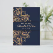 Elegant Blauw Goud Luxe Bruiloft Save The Date (Staand voorkant)