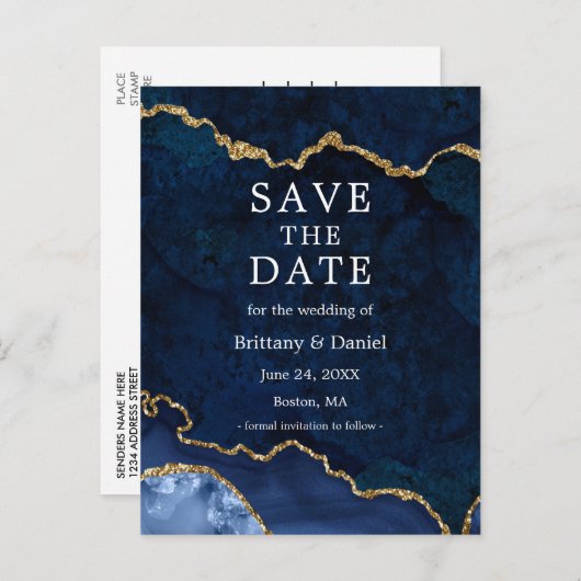 Elegant Blauw Goud Marmeren Geode Sla de datum op Aankondigingskaart (Voorkant / Achterkant)