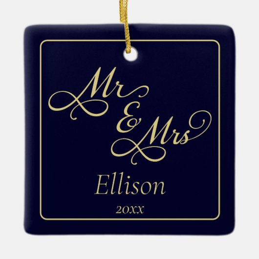 Elegant blauw goud meneer en mevrouw 1e kerst keramisch ornament (Voorkant)