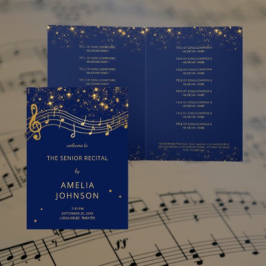 Elegant Blauw Goud Muziekseniore Recitalprogramma