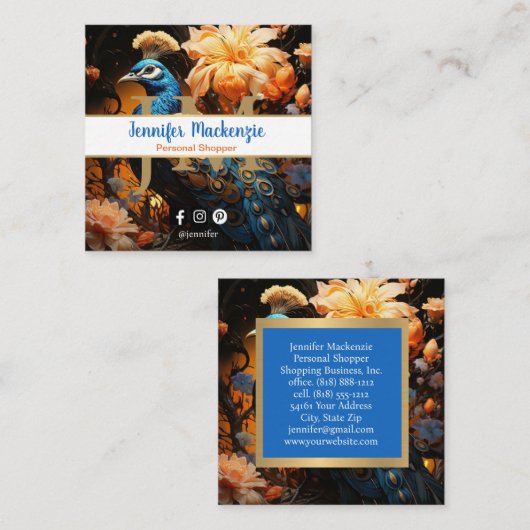 Elegant Blauw Goud Peacock Vierkante Visitekaartje (Voorkant / Achterkant)
