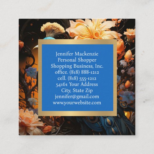 Elegant Blauw Goud Peacock Vierkante Visitekaartje (Achterkant)