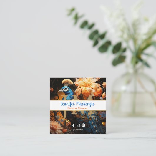Elegant Blauw Goud Peacock Vierkante Visitekaartje (Staand voorkant)