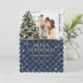 Elegant Blauw Goud Plaid Sneeuw Foto Feestdagenkaart (Staand voorkant)