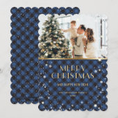 Elegant Blauw Goud Plaid Sneeuw Foto Feestdagenkaart (Voorkant / Achterkant)