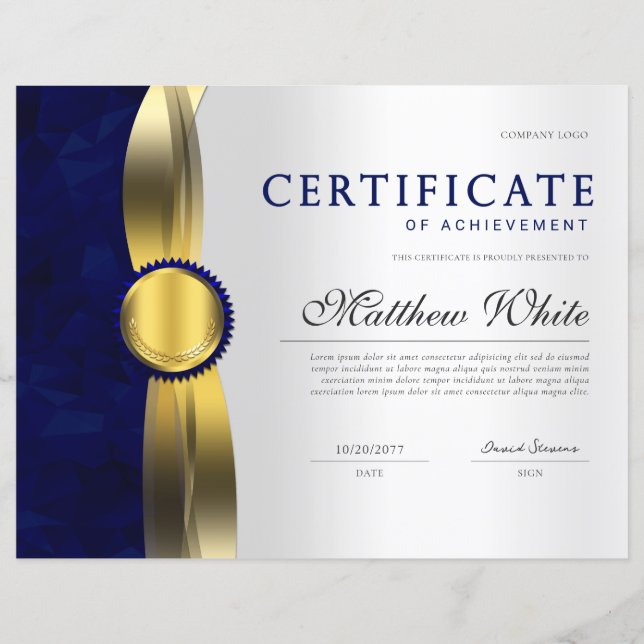 Elegant Blauw & Goud Professioneel Certificaat Awa (Voorkant)