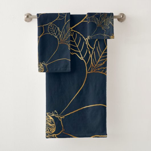 Elegant Blauw Goud Rozen Bloemen Bad Handdoek (Insitu)