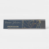 Elegant Blauw Goud Rozen Bloemen Bureau Naambordje (Voorkant)