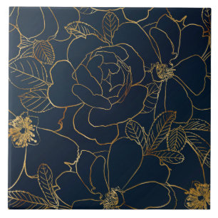 Elegant Blauw Goud Rozen Bloemen Tegeltje