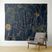 Elegant Blauw Goud Rozen Bloemen Wandkleed (In Situ (horizontaal))