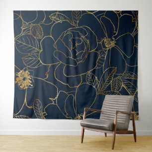 Elegant Blauw Goud Rozen Bloemen Wandkleed