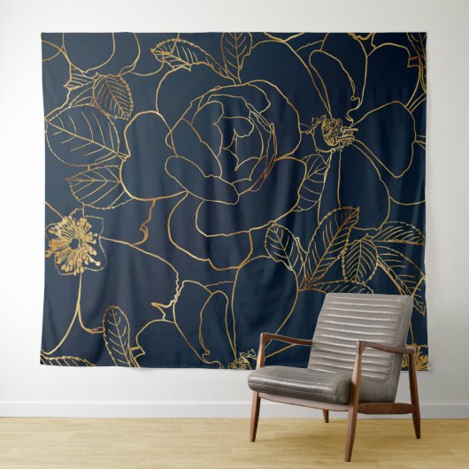 Elegant Blauw Goud Rozen Bloemen Wandkleed (In Situ (horizontaal))