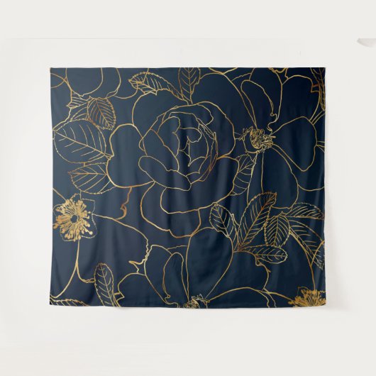 Elegant Blauw Goud Rozen Bloemen Wandkleed (Voorkant (horizontaal))