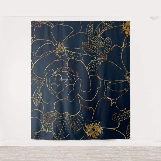 Elegant Blauw Goud Rozen Bloemen Wandkleed (Voorkant)