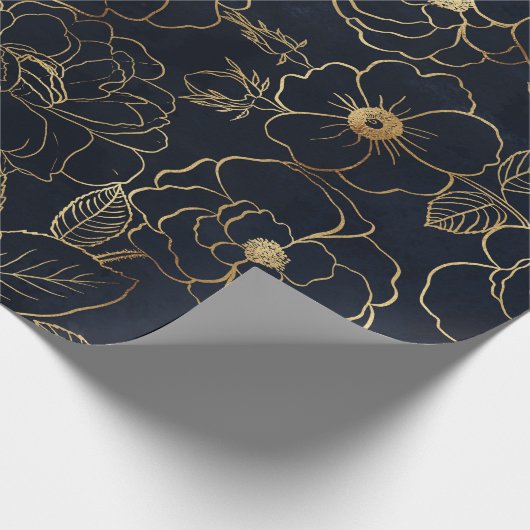 Elegant Blauw Goud Rozen Cadeaupapier (Hoek)