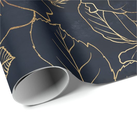 Elegant Blauw Goud Rozen Cadeaupapier (Rol Hoek)