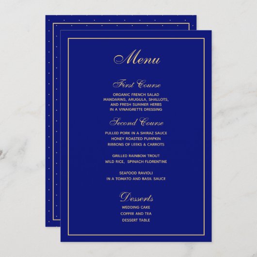 Elegant Blauw Goud Script Bruiloft Menu (Voorkant / Achterkant)