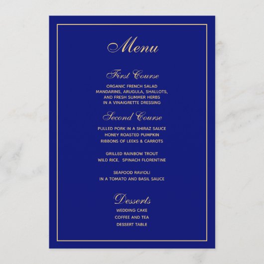 Elegant Blauw Goud Script Bruiloft Menu (Voorkant)
