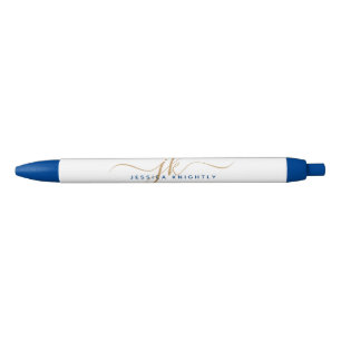 Elegant Blauw Goud Script Monogram Initialen Naam Zwarte Inkt Pen