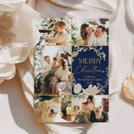Elegant Blauw Goud Script Multi Photo Christmas Feestdagenkaart