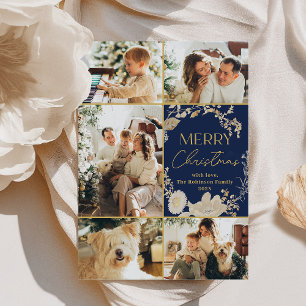Elegant Blauw Goud Script Multi Photo Christmas Feestdagenkaart