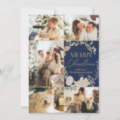 Elegant Blauw Goud Script Multi Photo Christmas Feestdagenkaart (Voorkant)