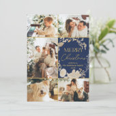 Elegant Blauw Goud Script Multi Photo Christmas Feestdagenkaart (Staand voorkant)
