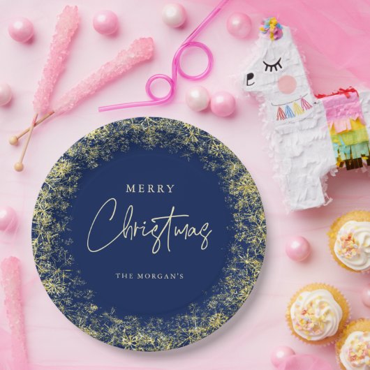 Elegant Blauw Goud Sneeuwvlokken Kerstmis Papieren Bordje (Feest)