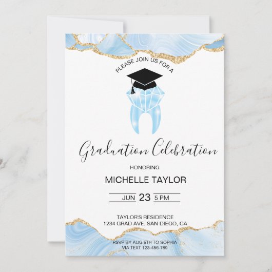 Elegant Blauw Goud Tandarts Afstudeerfeest Kaart (Voorkant)