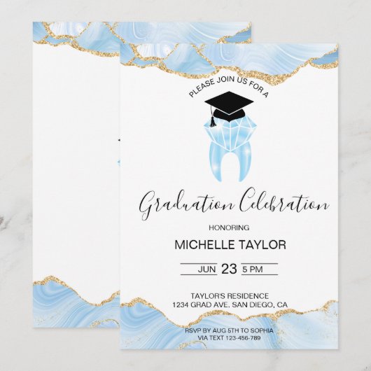 Elegant Blauw Goud Tandarts Afstudeerfeest Kaart (Voorkant / Achterkant)