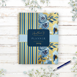 Elegant Blauw Goud Waterverf Bloemen Custom Jaarli Planner